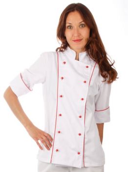 Куртка шеф-повара белая женская с манжетом отделка красный кант 00016