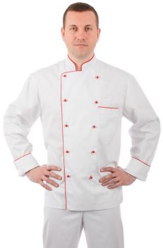 Куртка шеф-повара белая мужская с манжетом отделка красный кант 00002
