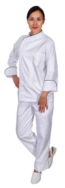 Куртка шеф-повара премиум белая рукав длинный с манжетом (отделка черный кант)